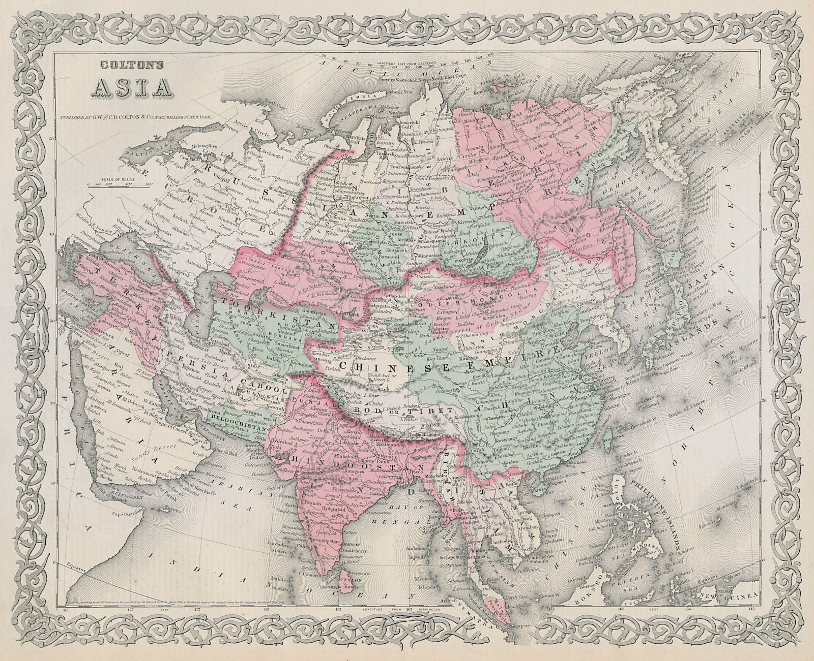 Colton's Asia. 'Bod or Tibet' Chinese Empire Toorkistan Hindoostan 1869 map